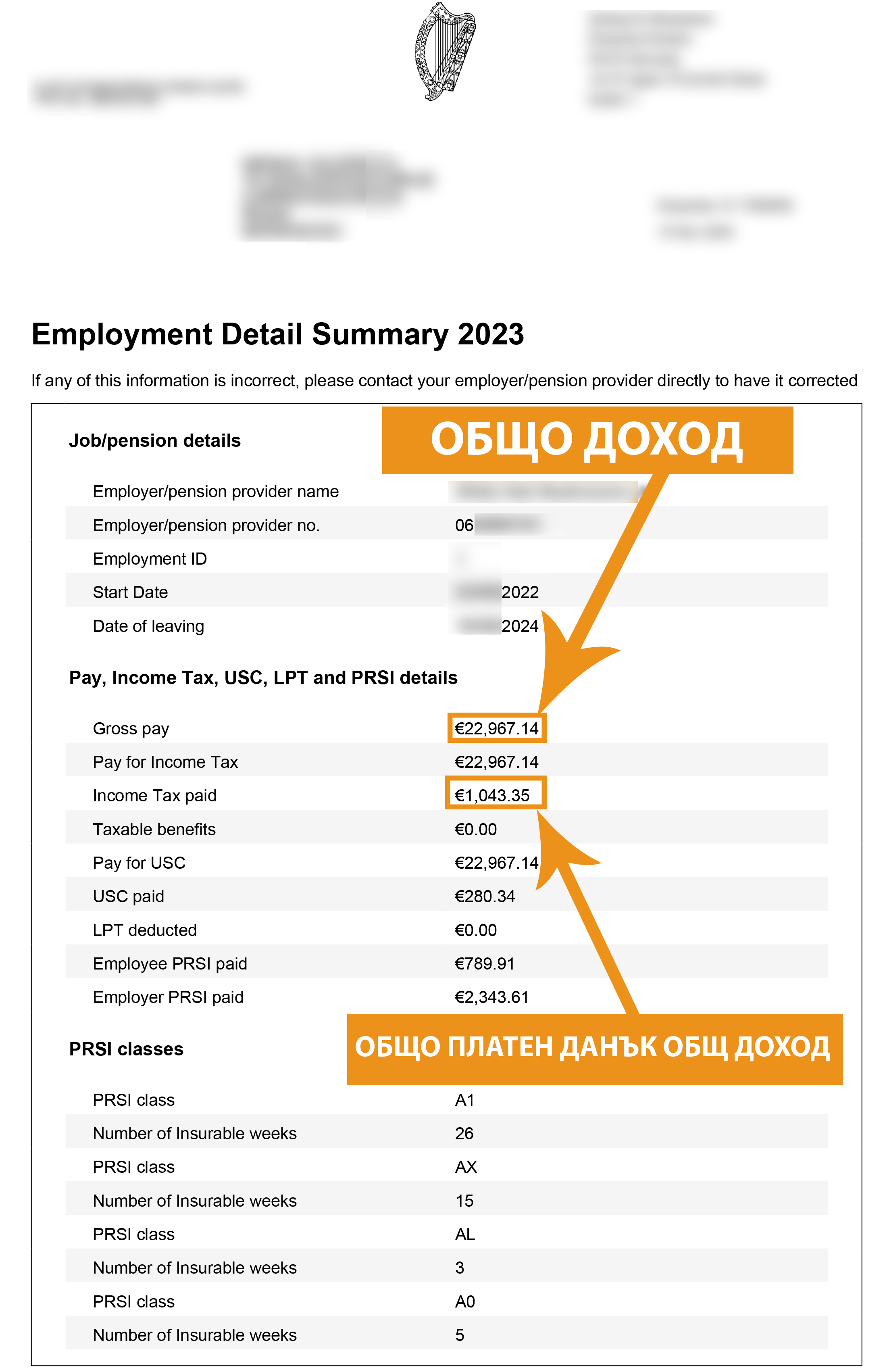 Възстановете надвнесените си данъци от Ирландия - Employment Detail Summary