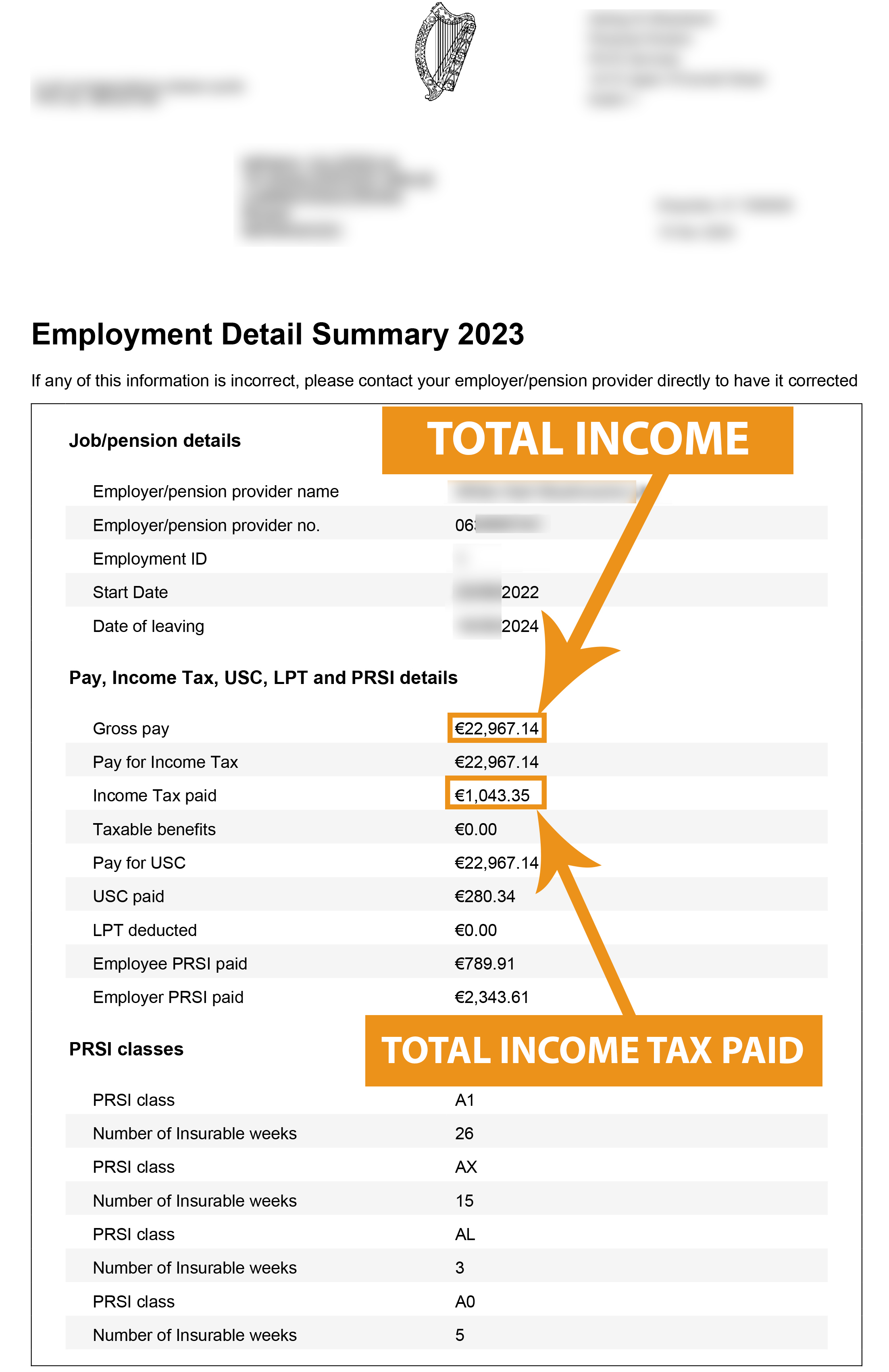Steuerrückerstattung aus Irland - Employment Detail Summary