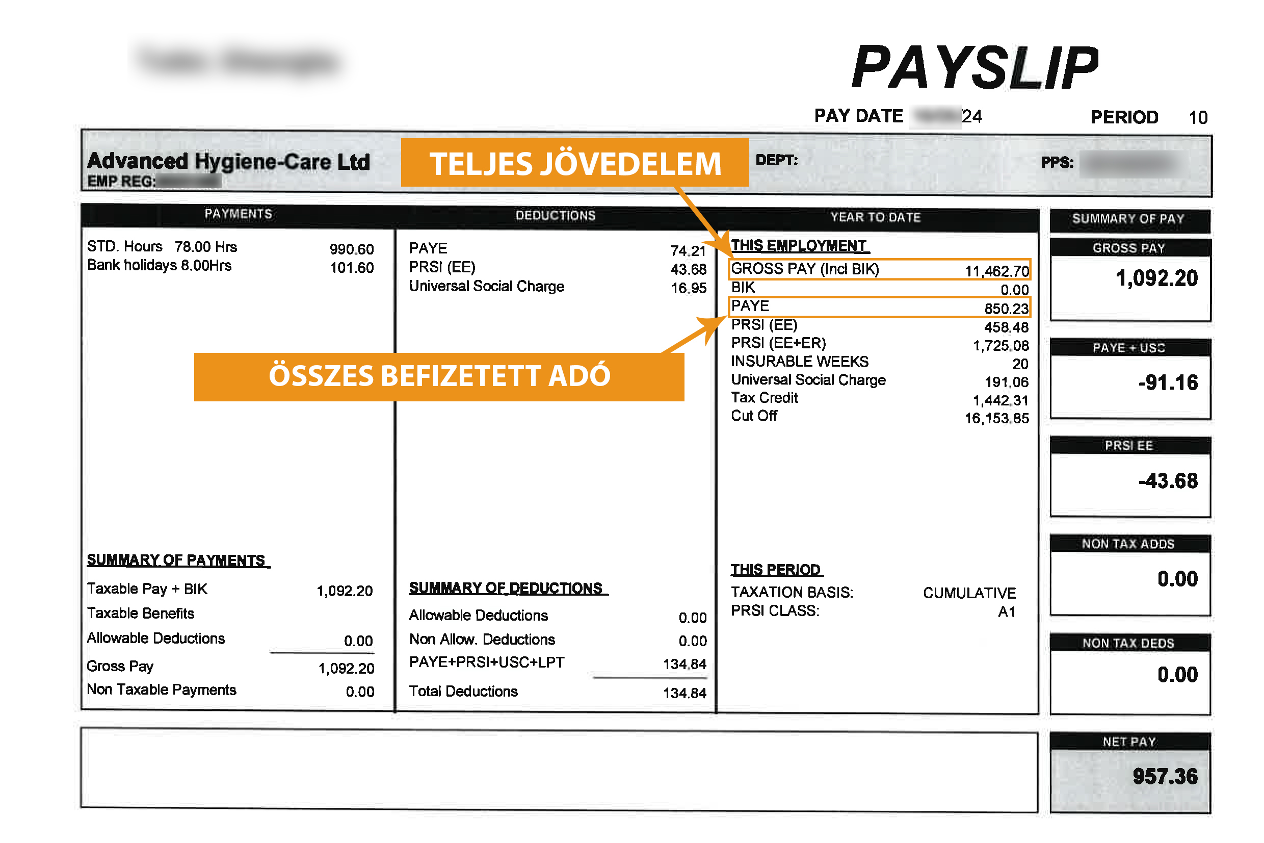 Térítse vissza adóját Írországból - Payslip