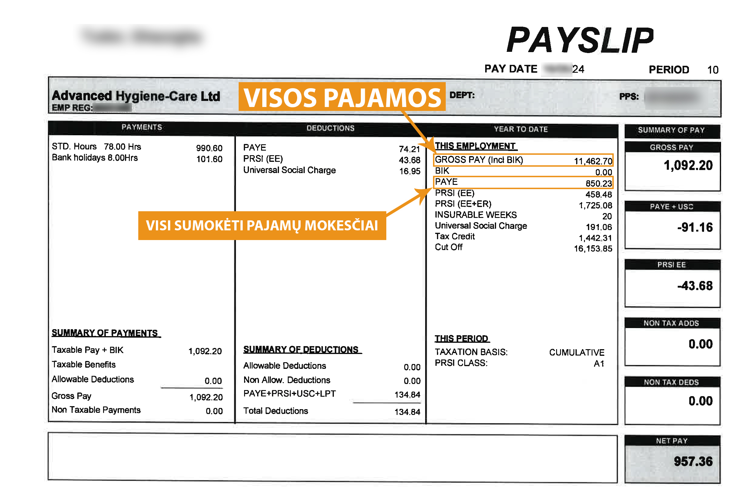 Susigrąžinkite mokesčių permoką iš Airijos - Payslip